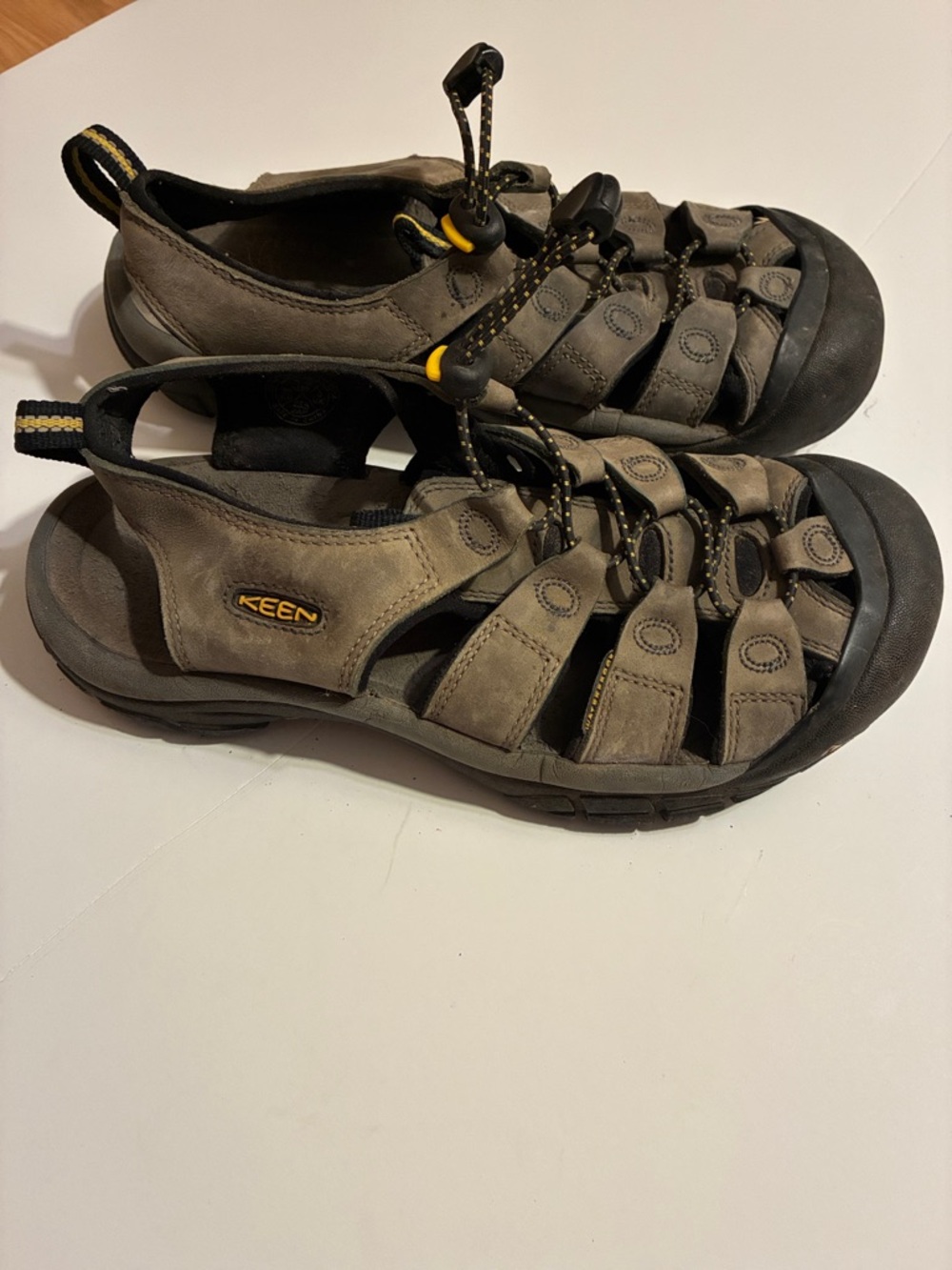 Keen Closed-Toe Hiking Sandals in Taupe and Black with Yellow Accents